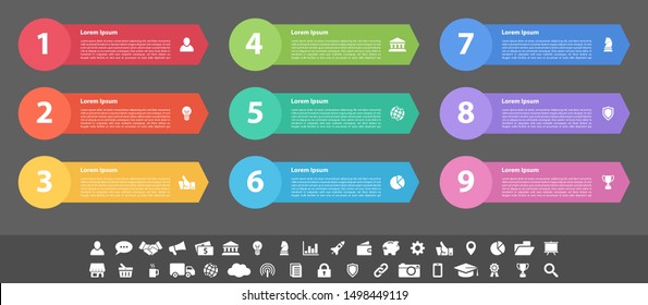 Infographic design business concept vector illustration with 9 steps or options or processes represent work flow or diagram or web button banner