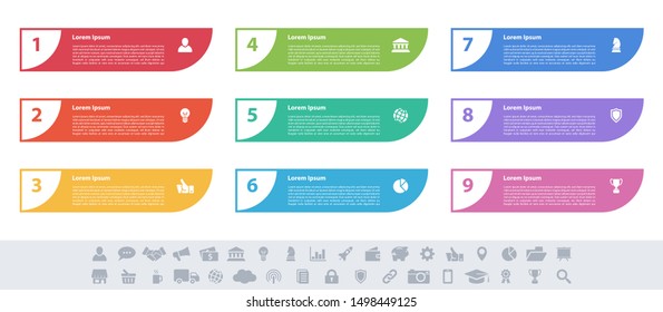 Infographic design business concept vector illustration with 9 steps or options or processes represent work flow or diagram or web button banner