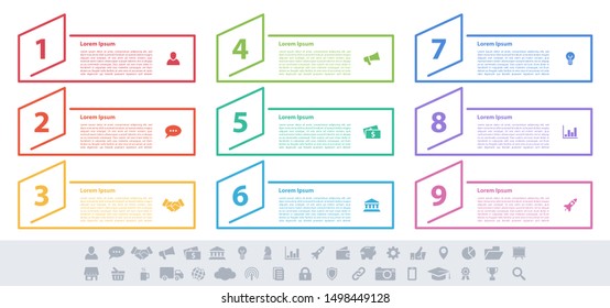 Infographic design business concept vector illustration with 9 steps or options or processes represent work flow or diagram or web button banner