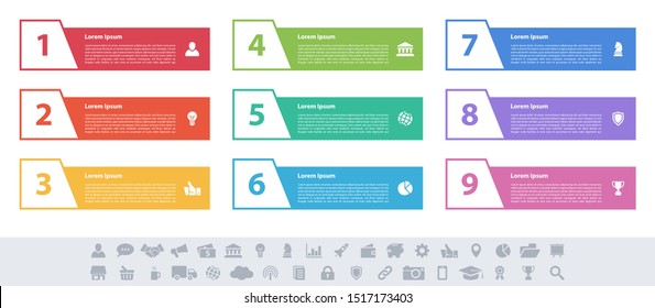 Infographic design business concept vector illustration with 9 steps or options or processes represent work flow or diagram or web button banner