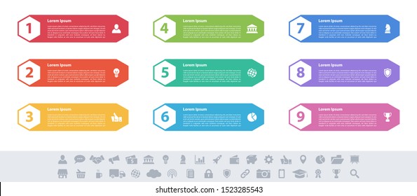Infographic design business concept vector illustration with 9 steps or options or processes represent work flow or diagram or web button banner