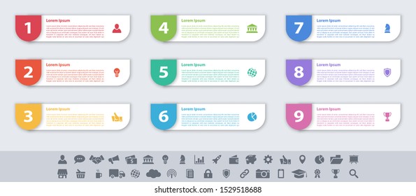 Infographic design business concept vector illustration with 9 steps or options or processes represent work flow or diagram or web button banner