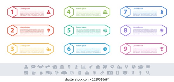 Infographic design business concept vector illustration with 9 steps or options or processes represent work flow or diagram or web button banner