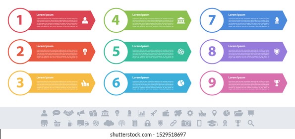 Infographic design business concept vector illustration with 9 steps or options or processes represent work flow or diagram or web button banner