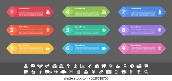 Infographic design business concept vector illustration with 9 steps or options or processes represent work flow or diagram or web button banner
