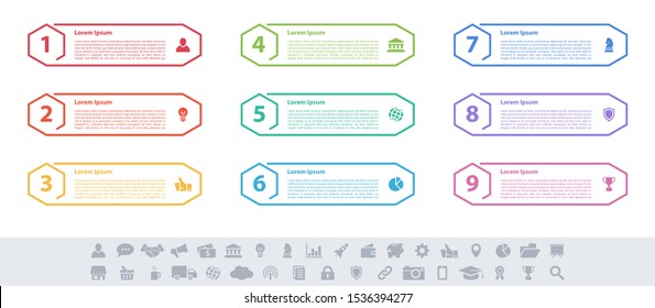 Infographic design business concept vector illustration with 9 steps or options or processes represent work flow or diagram or web button banner