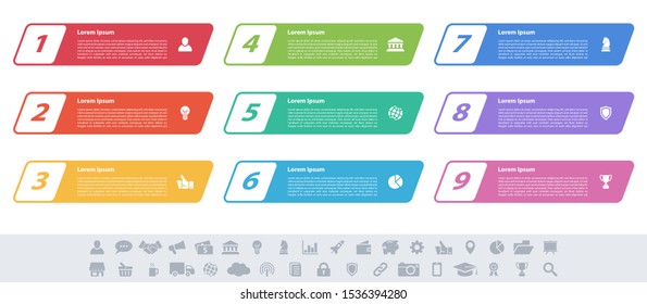 Infographic design business concept vector illustration with 9 steps or options or processes represent work flow or diagram or web button banner