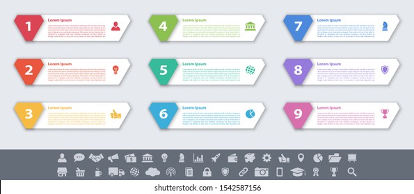 Infographic design business concept vector illustration with 9 steps or options or processes represent work flow or diagram or web button banner