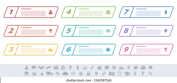 Infographic design business concept vector illustration with 9 steps or options or processes represent work flow or diagram or web button banner