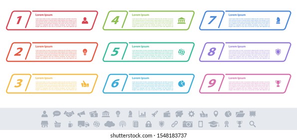 Infographic design business concept vector illustration with 9 steps or options or processes represent work flow or diagram or web button banner