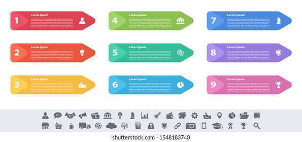 Infographic design business concept vector illustration with 9 steps or options or processes represent work flow or diagram or web button banner