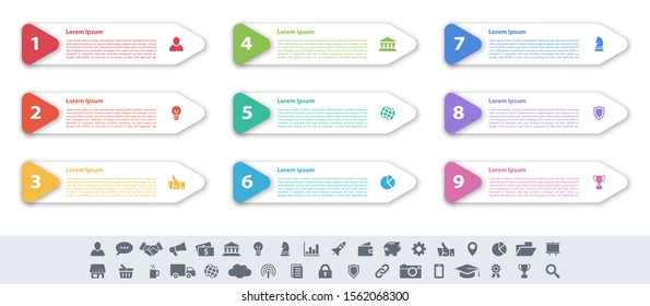 Infographic design business concept vector illustration with 9 steps or options or processes represent work flow or diagram or web button banner