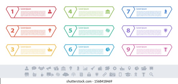 Infographic design business concept vector illustration with 9 steps or options or processes represent work flow or diagram or web button banner