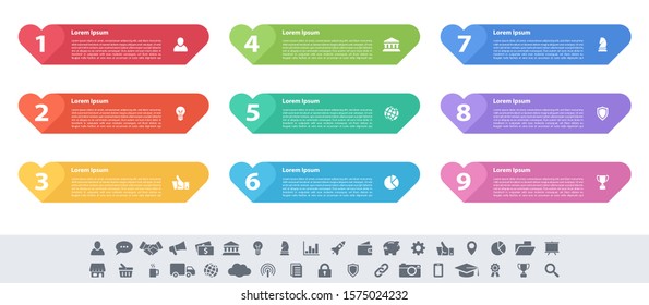 Infographic design business concept vector illustration with 9 steps or options or processes represent work flow or diagram or web button banner