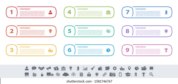 Infographic design business concept vector illustration with 9 steps or options or processes represent work flow or diagram or web button banner