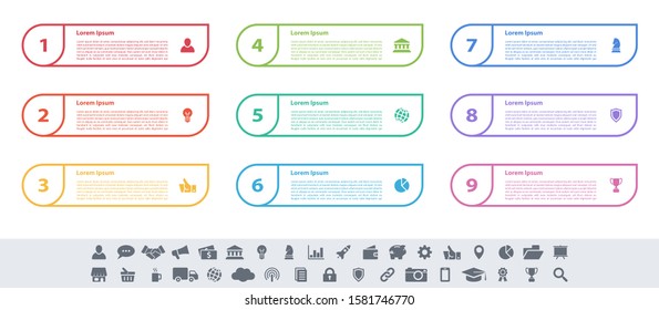 Infographic design business concept vector illustration with 9 steps or options or processes represent work flow or diagram or web button banner
