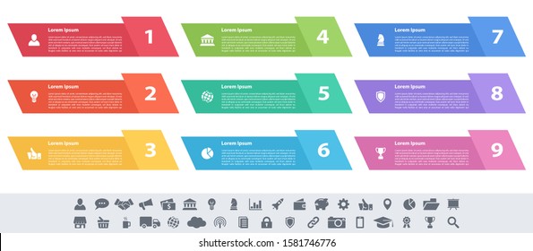Infographic design business concept vector illustration with 9 steps or options or processes represent work flow or diagram or web button banner