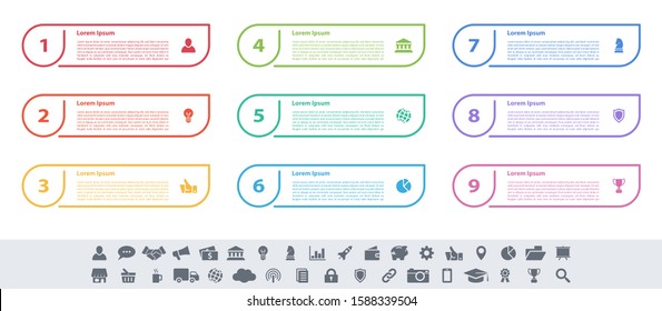 Infographic design business concept vector illustration with 9 steps or options or processes represent work flow or diagram or web button banner