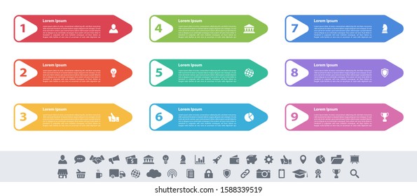 Infographic design business concept vector illustration with 9 steps or options or processes represent work flow or diagram or web button banner