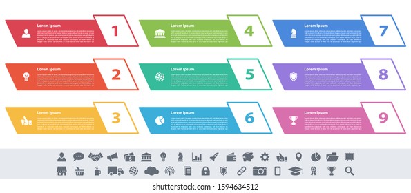 Infographic design business concept vector illustration with 9 steps or options or processes represent work flow or diagram or web button banner
