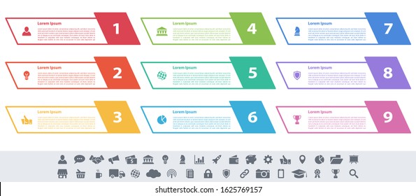 Infographic design business concept vector illustration with 9 steps or options or processes represent work flow or diagram or web button banner