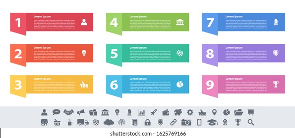 Infographic design business concept vector illustration with 9 steps or options or processes represent work flow or diagram or web button banner