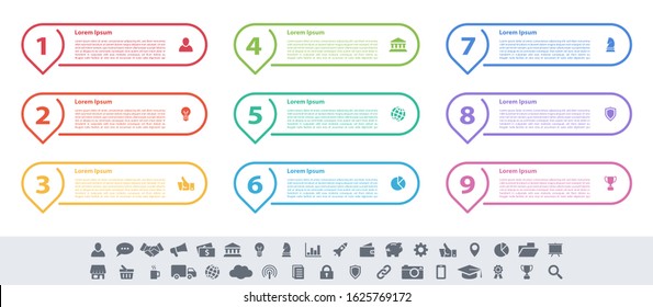 Infographic design business concept vector illustration with 9 steps or options or processes represent work flow or diagram or web button banner