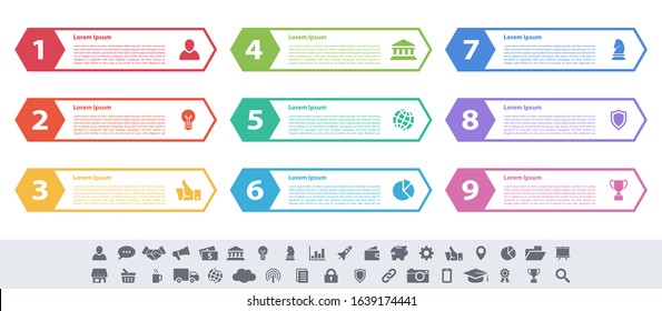 Infographic design business concept vector illustration with 9 steps or options or processes represent work flow or diagram or web button banner