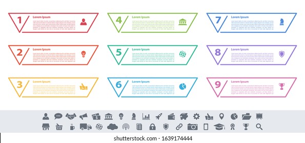 Infographic design business concept vector illustration with 9 steps or options or processes represent work flow or diagram or web button banner