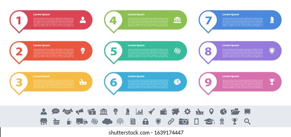 Infographic design business concept vector illustration with 9 steps or options or processes represent work flow or diagram or web button banner