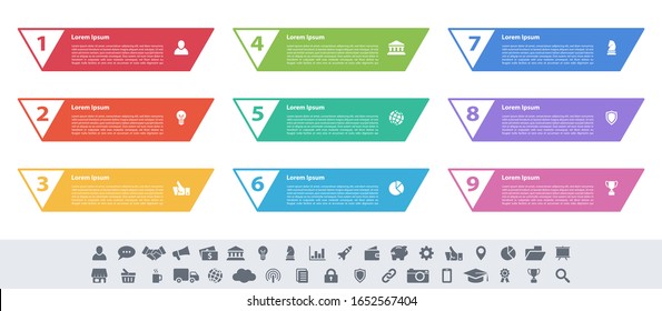 Infographic design business concept vector illustration with 9 steps or options or processes represent work flow or diagram or web button banner