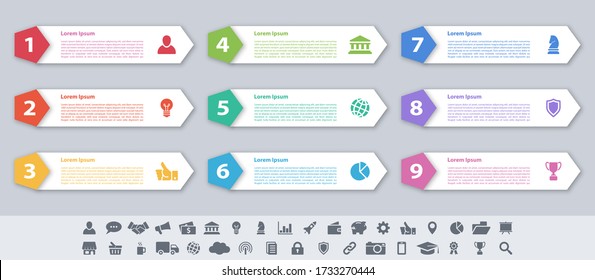 Infographic design business concept vector illustration with 9 steps or options or processes represent work flow or diagram or web button banner