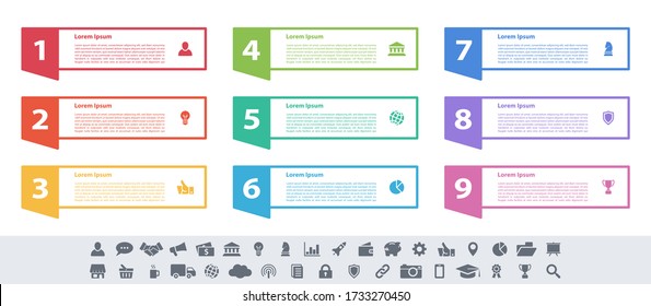 Diseño infográfico concepto de negocio ilustración vectorial con 9 pasos o opciones o procesos que representan flujo de trabajo o diagrama o banner de botón web
