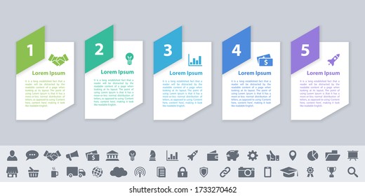 Diseño infográfico concepto de negocio ilustración vectorial con 5 pasos o opciones o procesos que representan flujo de trabajo o diagrama o banner de botón web