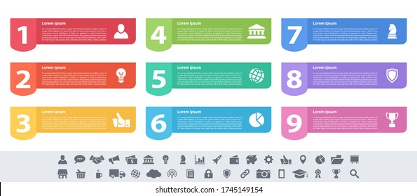 Infographic design business concept vector illustration with 9 steps or options or processes represent work flow or diagram or web button banner