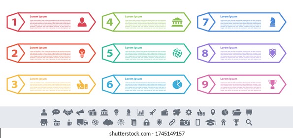 Die Vektorgrafik für das infografische Design-Business-Konzept mit 9 Schritten oder Optionen oder Prozessen repräsentiert Arbeitsfluss oder Diagramm oder Web-Button-Banner