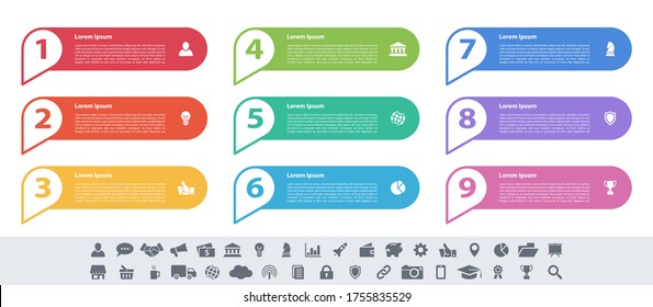Infographic design business concept vector illustration with 9 steps or options or processes represent work flow or diagram or web button banner