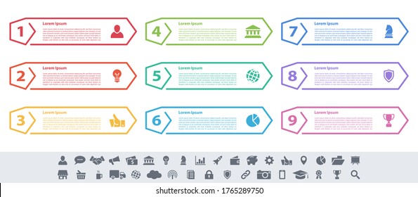 Infographic design business concept vector illustration with 9 steps or options or processes represent work flow or diagram or web button banner
