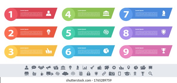 Infographic design business concept vector illustration with 9 steps or options or processes represent work flow or diagram or web button banner