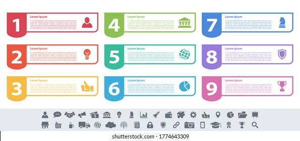 Infographic design business concept vector illustration with 9 steps or options or processes represent work flow or diagram or web button banner