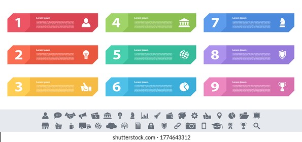 Diseño infográfico concepto de negocio ilustración vectorial con 9 pasos o opciones o procesos que representan flujo de trabajo o diagrama o banner de botón web