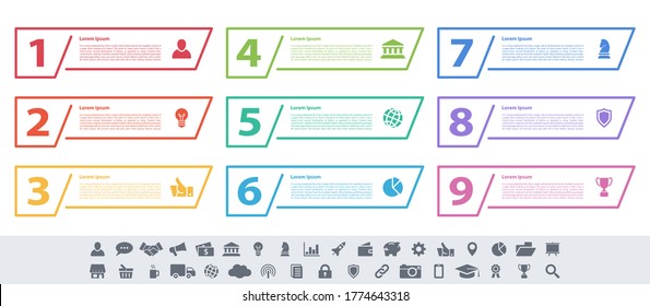 Diseño infográfico concepto de negocio ilustración vectorial con 9 pasos o opciones o procesos que representan flujo de trabajo o diagrama o banner de botón web