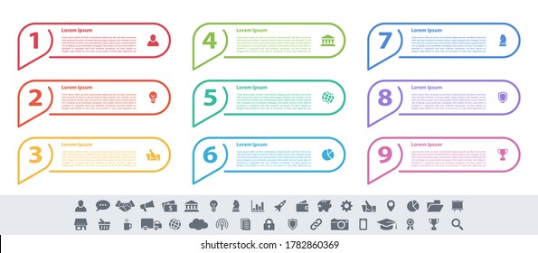 Diseño infográfico concepto de negocio ilustración vectorial con 9 pasos o opciones o procesos que representan flujo de trabajo o diagrama o banner de botón web