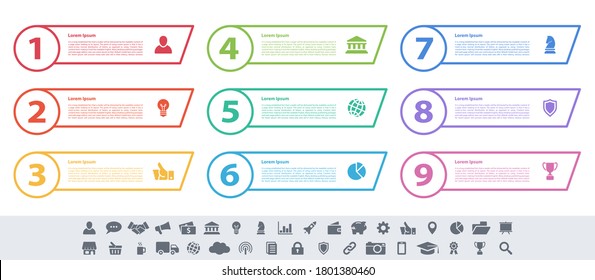Infografik-Geschäftskonzept Vektorgrafik mit 9 Schritten oder Optionen oder Prozessen repräsentiert Arbeitsfluss oder Diagramm oder Web-Button-Banner