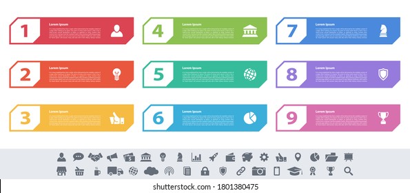 Infographic design business concept vector illustration with 9 steps or options or processes represent work flow or diagram or web button banner
