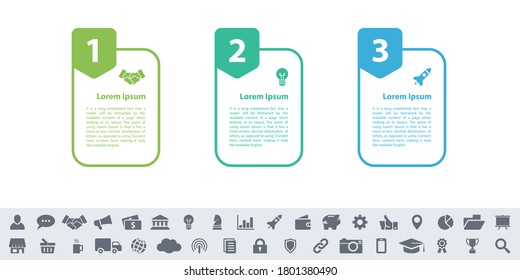 Infografik-Geschäftskonzept, Vektorgrafik mit 3 Schritten oder Optionen oder Prozessen repräsentiert Arbeitsfluss oder Diagramm oder Web-Button-Banner