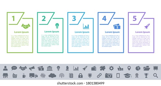 Informationsdesign-Geschäftskonzept Vektorgrafik mit 5 Schritten oder Optionen oder Prozessen repräsentiert Arbeitsfluss oder Diagramm oder Web-Button-Banner