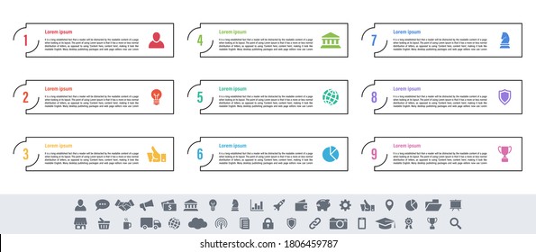 Infographic design business concept vector illustration with 9 steps or options or processes represent work flow or diagram or web button banner