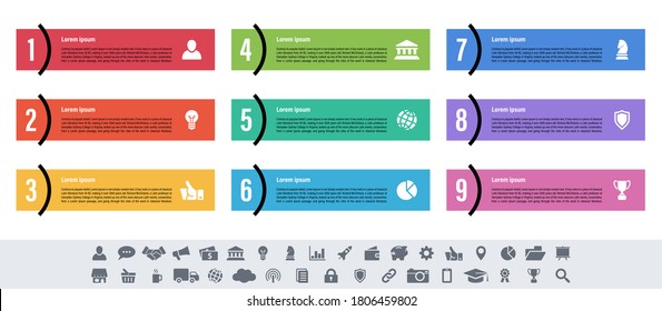 Infographic design business concept vector illustration with 9 steps or options or processes represent work flow or diagram or web button banner