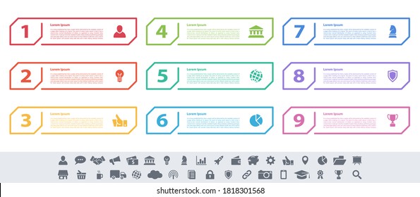 Diseño infográfico concepto de negocio ilustración vectorial con 9 pasos o opciones o procesos que representan flujo de trabajo o diagrama o banner de botón web